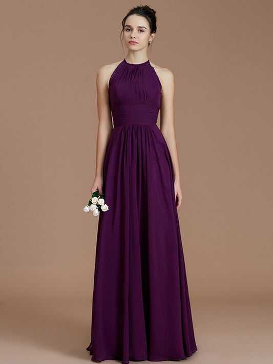 A-Line/Princess Halter Sleeveless Ruched Floor-Length Chiffon Bridesmaid Dresses Evening Dress