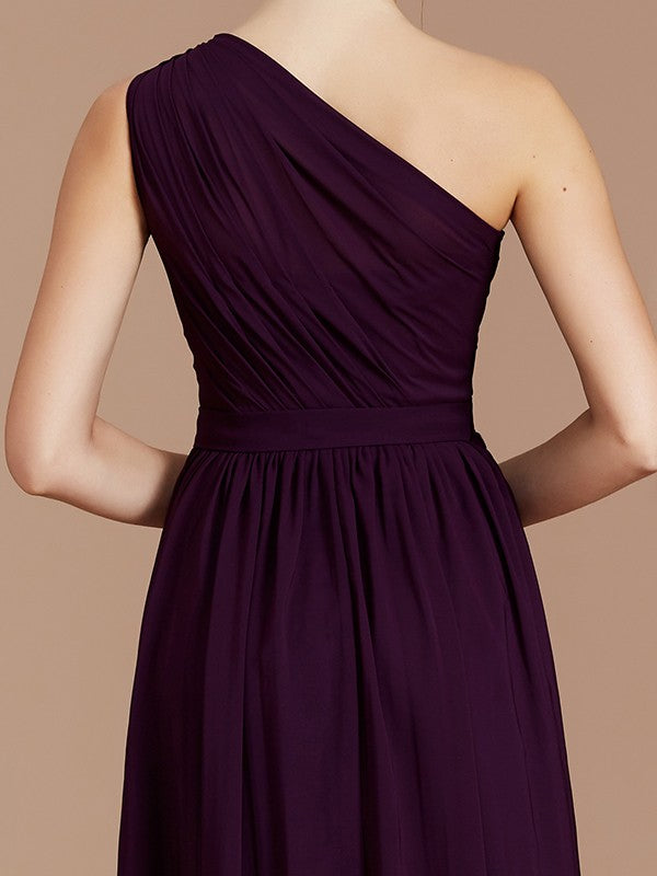 A-Line/Princess One-Shoulder Sleeveless Ruched Floor-Length Chiffon Bridesmaid Dresses Evening prom Dress