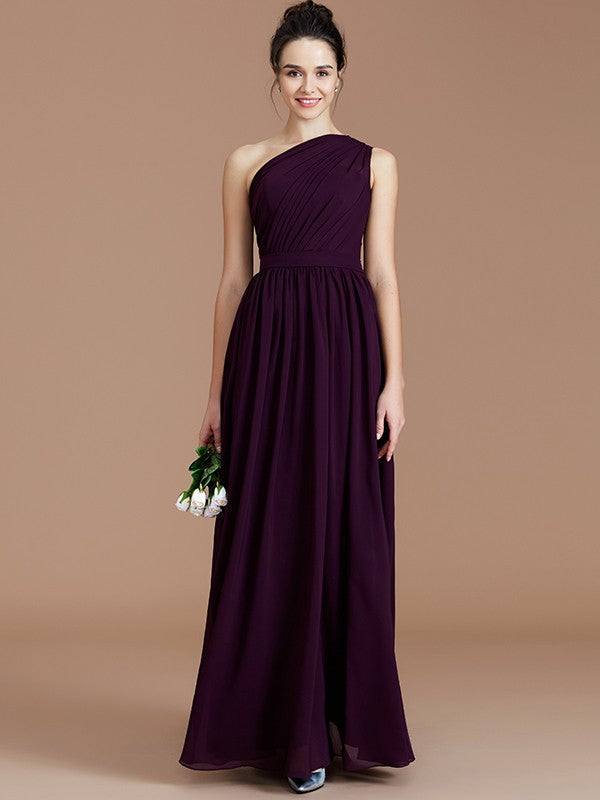 A-Line/Princess One-Shoulder Sleeveless Ruched Floor-Length Chiffon Bridesmaid Dresses Evening prom Dress