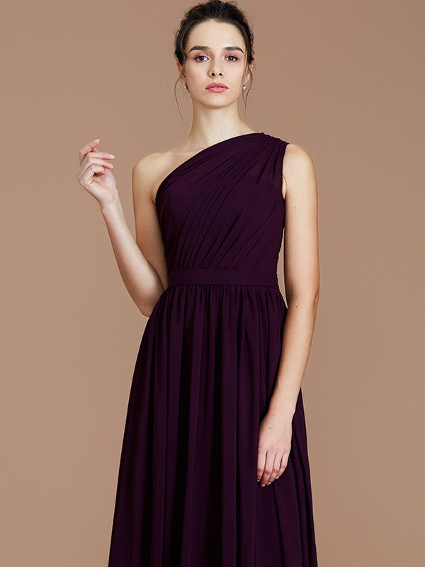 A-Line/Princess One-Shoulder Sleeveless Ruched Floor-Length Chiffon Bridesmaid Dresses Evening prom Dress