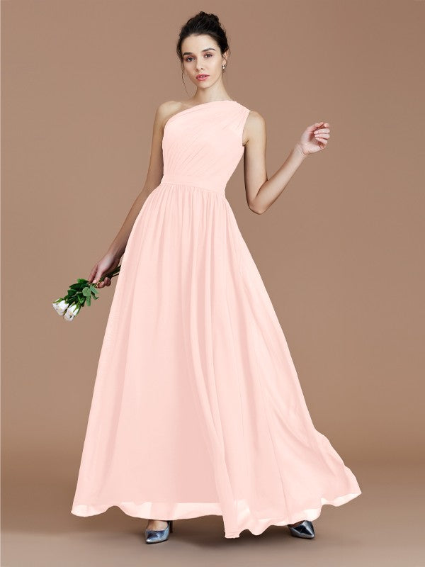 A-Line/Princess One-Shoulder Sleeveless Ruched Floor-Length Chiffon Bridesmaid Dresses Evening prom Dress