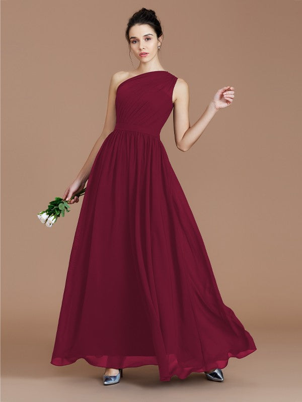 A-Line/Princess One-Shoulder Sleeveless Ruched Floor-Length Chiffon Bridesmaid Dresses Evening prom Dress