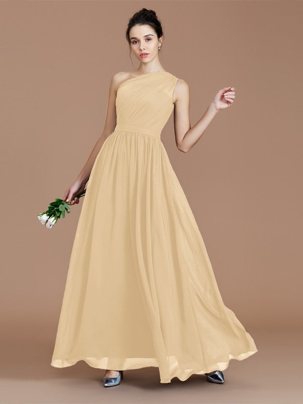 A-Line/Princess One-Shoulder Sleeveless Ruched Floor-Length Chiffon Bridesmaid Dresses Evening prom Dress
