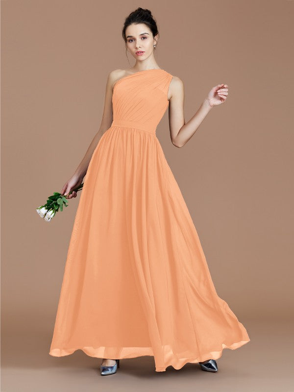 A-Line/Princess One-Shoulder Sleeveless Ruched Floor-Length Chiffon Bridesmaid Dresses Evening prom Dress
