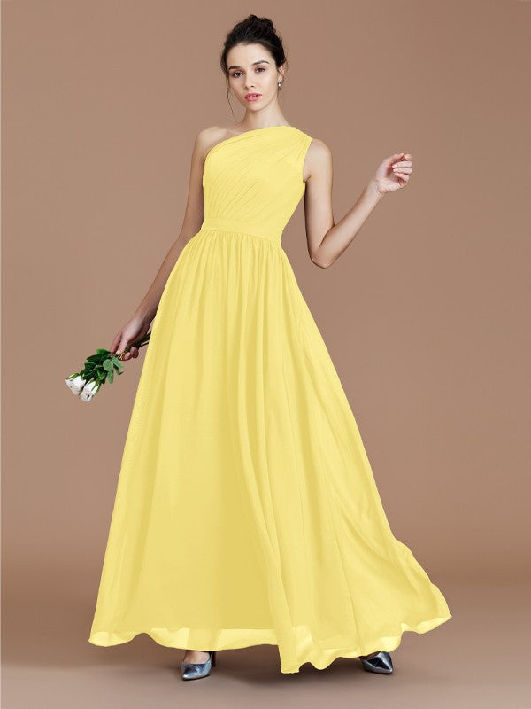 A-Line/Princess One-Shoulder Sleeveless Ruched Floor-Length Chiffon Bridesmaid Dresses Evening prom Dress