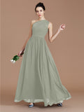 A-Line/Princess One-Shoulder Sleeveless Ruched Floor-Length Chiffon Bridesmaid Dresses Evening prom Dress
