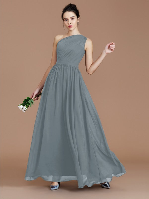 A-Line/Princess One-Shoulder Sleeveless Ruched Floor-Length Chiffon Bridesmaid Dresses Evening prom Dress