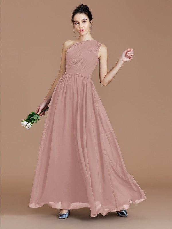 A-Line/Princess One-Shoulder Sleeveless Ruched Floor-Length Chiffon Bridesmaid Dresses Evening prom Dress