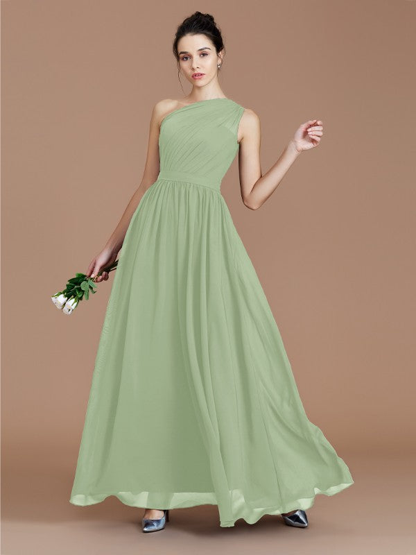A-Line/Princess One-Shoulder Sleeveless Ruched Floor-Length Chiffon Bridesmaid Dresses Evening prom Dress