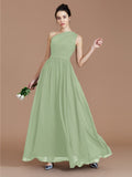 A-Line/Princess One-Shoulder Sleeveless Ruched Floor-Length Chiffon Bridesmaid Dresses Evening prom Dress