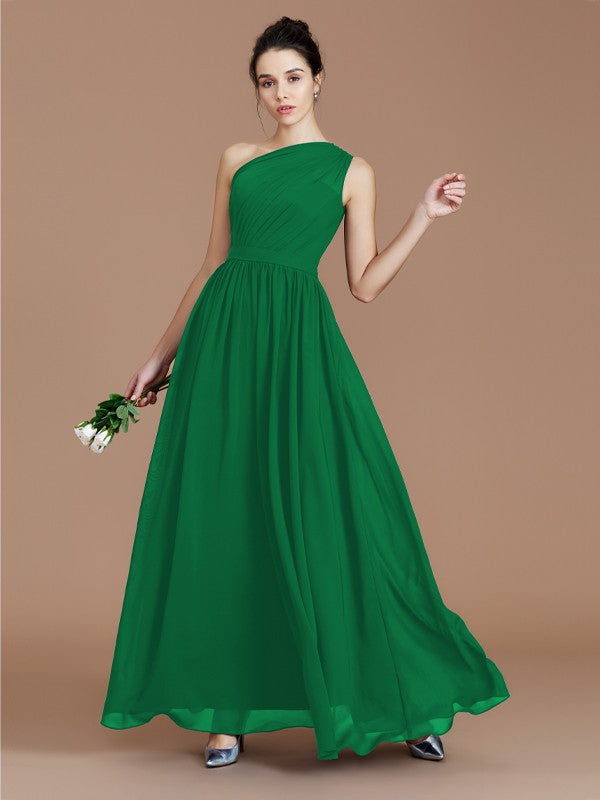A-Line/Princess One-Shoulder Sleeveless Ruched Floor-Length Chiffon Bridesmaid Dresses Evening prom Dress
