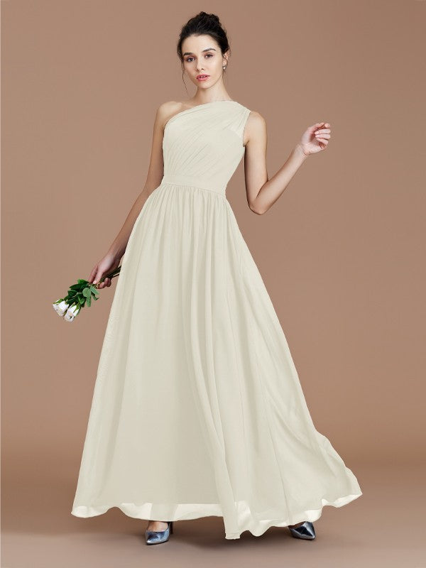 A-Line/Princess One-Shoulder Sleeveless Ruched Floor-Length Chiffon Bridesmaid Dresses Evening prom Dress