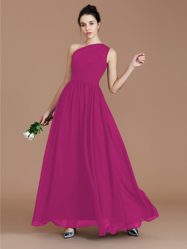 A-Line/Princess One-Shoulder Sleeveless Ruched Floor-Length Chiffon Bridesmaid Dresses Evening prom Dress