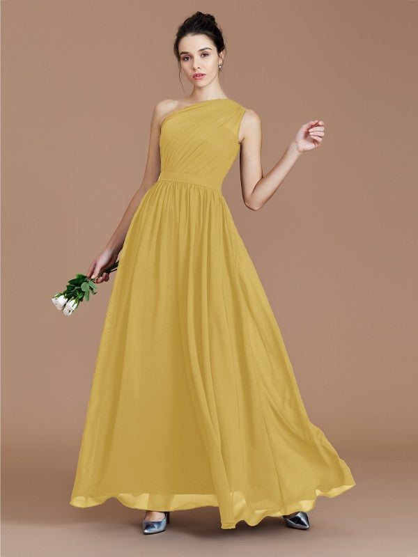A-Line/Princess One-Shoulder Sleeveless Ruched Floor-Length Chiffon Bridesmaid Dresses Evening prom Dress