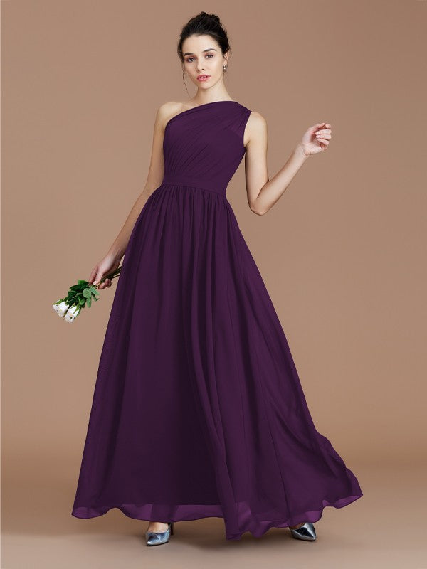 A-Line/Princess One-Shoulder Sleeveless Ruched Floor-Length Chiffon Bridesmaid Dresses Evening prom Dress