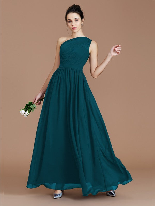 A-Line/Princess One-Shoulder Sleeveless Ruched Floor-Length Chiffon Bridesmaid Dresses Evening prom Dress