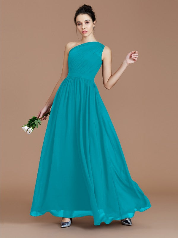 A-Line/Princess One-Shoulder Sleeveless Ruched Floor-Length Chiffon Bridesmaid Dresses Evening prom Dress