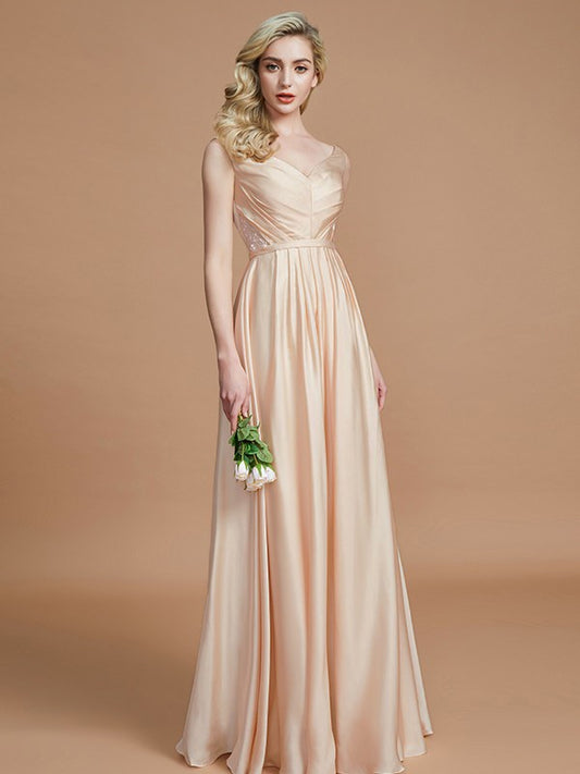 A-Line/Princess V-neck Sleeveless Ruched Floor-Length Silk like Satin Bridesmaid Dresses Evening Prom Dress