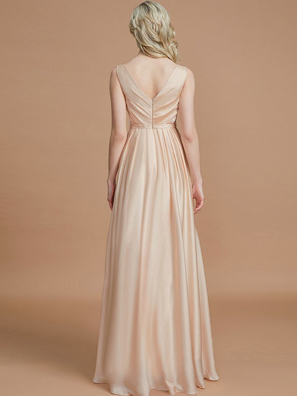 A-Line/Princess V-neck Sleeveless Ruched Floor-Length Silk like Satin Bridesmaid Dresses Evening Prom Dress