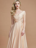 A-Line/Princess V-neck Sleeveless Ruched Floor-Length Silk like Satin Bridesmaid Dresses Evening Prom Dress