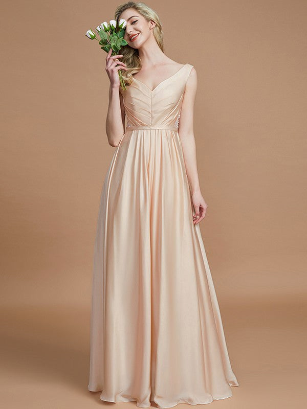 A-Line/Princess V-neck Sleeveless Ruched Floor-Length Silk like Satin Bridesmaid Dresses Evening Prom Dress