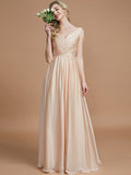 A-Line/Princess V-neck Sleeveless Ruched Floor-Length Silk like Satin Bridesmaid Dresses Evening Prom Dress