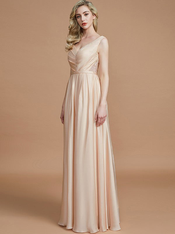 A-Line/Princess V-neck Sleeveless Ruched Floor-Length Silk like Satin Bridesmaid Dresses Evening Prom Dress
