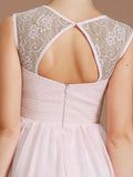 Vestidos de dama de honor de gasa cortos/mini con encaje, sin mangas, corte princesa/escote corazón