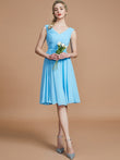 Vestido de dama de honor de gasa, corte A/princesa, escote en V, sin mangas, fruncido, corto/mini, para invitada de boda y fiesta.