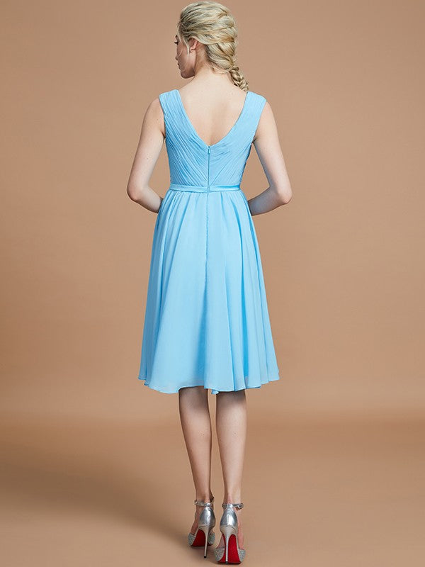 Vestido de dama de honor de gasa, corte A/princesa, escote en V, sin mangas, fruncido, corto/mini, para invitada de boda y fiesta.