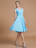 Vestido de dama de honor de gasa, corte A/princesa, escote en V, sin mangas, fruncido, corto/mini, para invitada de boda y fiesta.
