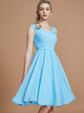 Vestido de dama de honor de gasa, corte A/princesa, escote en V, sin mangas, fruncido, corto/mini, para invitada de boda y fiesta.
