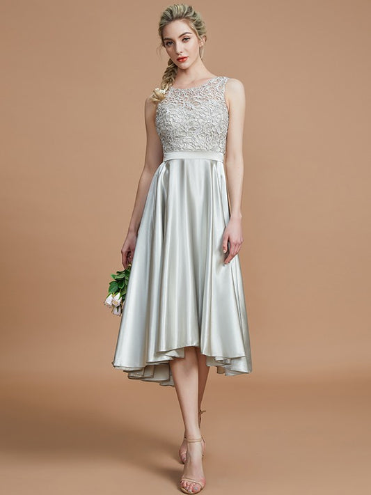 A-Linie/Princess-Linie Bateau-Ausschnitt Ärmellos Rüschen Asymmetrisch Seide wie Satin Brautjungfernkleider Kleid für Hochzeitsgäste