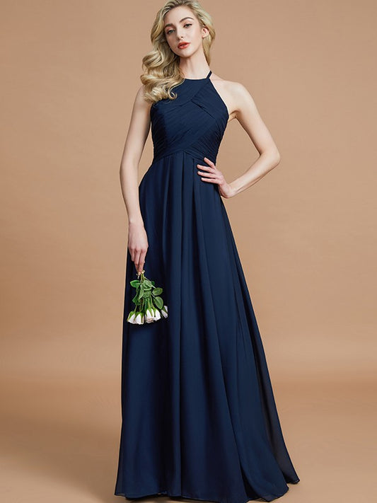 A-Linie/Princess-Linie Neckholder Ärmellos Gerafft Bodenlang Chiffon Brautjungfernkleider Kleid für Hochzeitsgäste