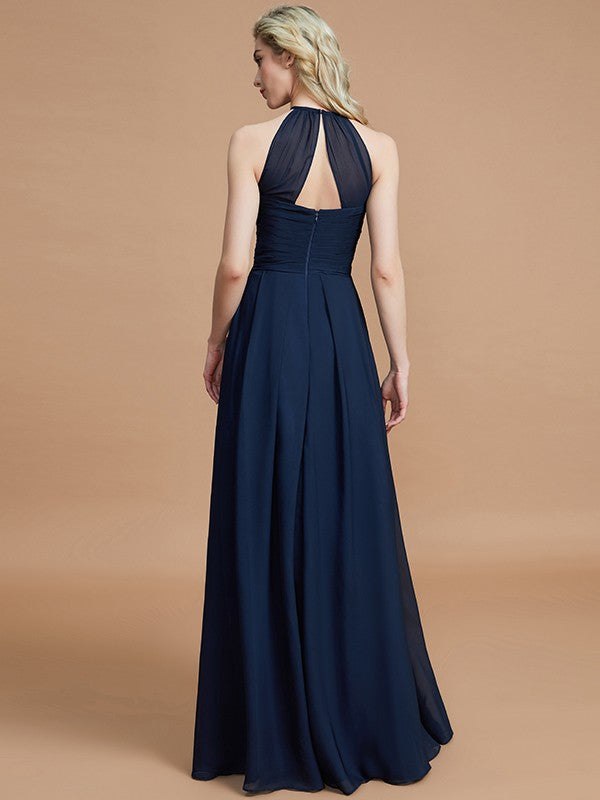 Vestido de dama de honor de gasa con corte A/princesa, sin mangas, fruncido, largo hasta el suelo, para invitada de boda