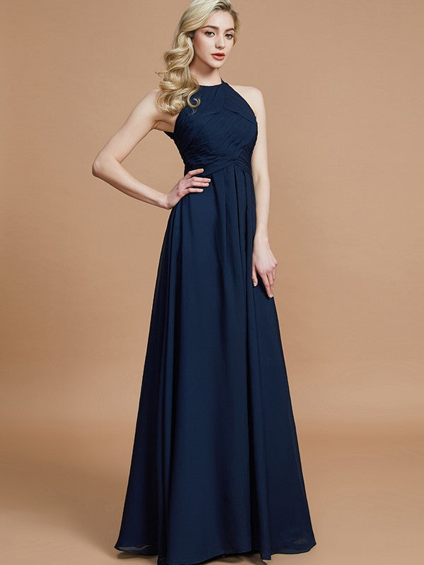 Vestido de dama de honor de gasa con corte A/princesa, sin mangas, fruncido, largo hasta el suelo, para invitada de boda