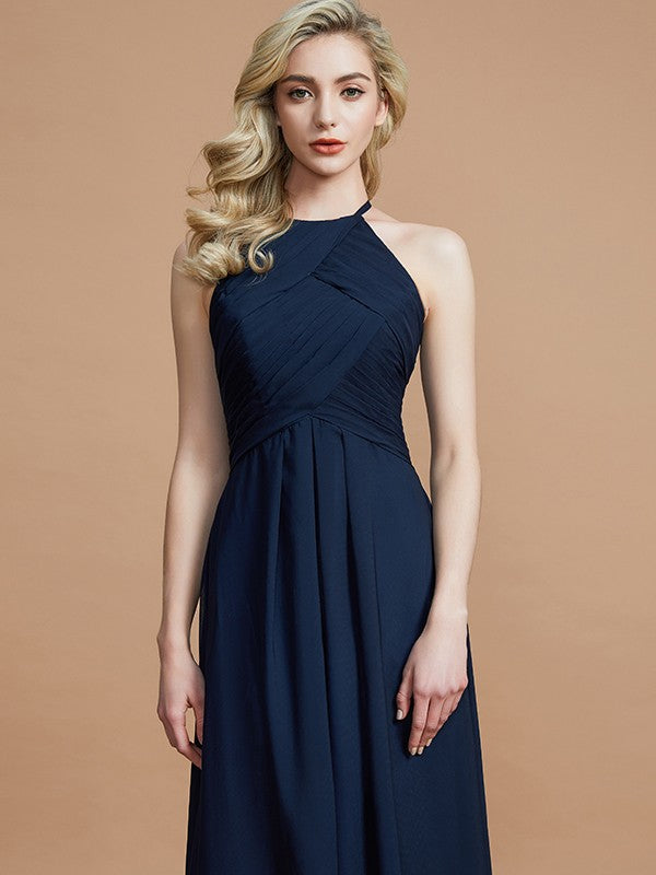 Vestido de dama de honor de gasa con corte A/princesa, sin mangas, fruncido, largo hasta el suelo, para invitada de boda