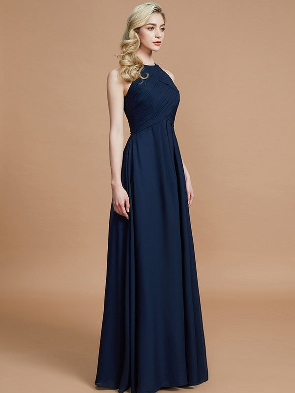 Vestido de dama de honor de gasa con corte A/princesa, sin mangas, fruncido, largo hasta el suelo, para invitada de boda