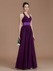 A-Line/Princess Halter Sleeveless Sash/Ribbon/Belt Floor-Length Chiffon Bridesmaid Dresses Evening Prom Dress