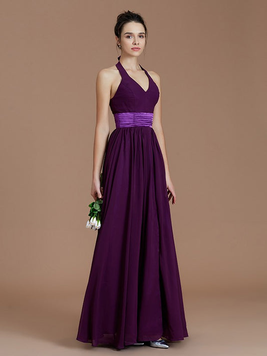 A-Line/Princess Halter Sleeveless Sash/Ribbon/Belt Floor-Length Chiffon Bridesmaid Dresses Evening Prom Dress