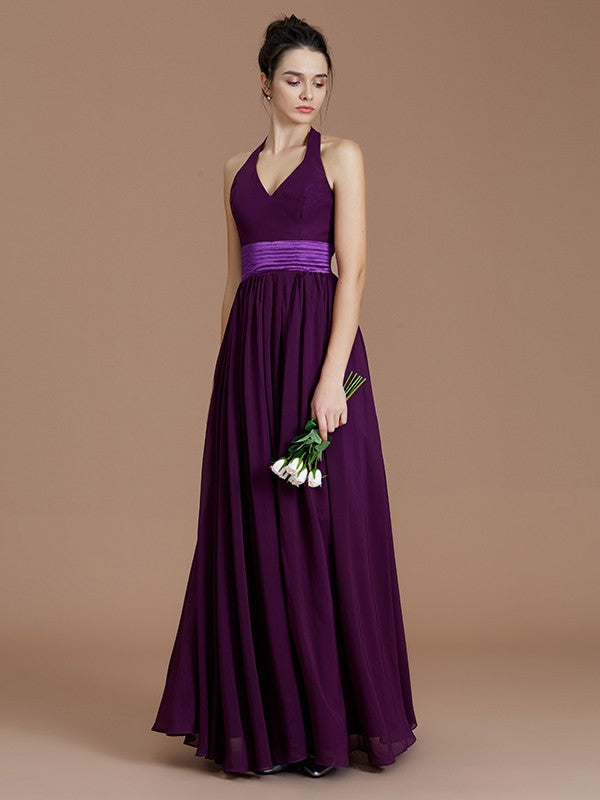A-Line/Princess Halter Sleeveless Sash/Ribbon/Belt Floor-Length Chiffon Bridesmaid Dresses Evening Prom Dress
