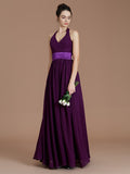 A-Line/Princess Halter Sleeveless Sash/Ribbon/Belt Floor-Length Chiffon Bridesmaid Dresses Evening Prom Dress
