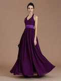 A-Line/Princess Halter Sleeveless Sash/Ribbon/Belt Floor-Length Chiffon Bridesmaid Dresses Evening Prom Dress