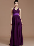 A-Line/Princess Halter Sleeveless Sash/Ribbon/Belt Floor-Length Chiffon Bridesmaid Dresses Evening Prom Dress