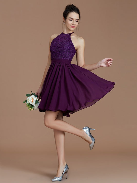 A-Line/Princess Halter Sleeveless Lace Short/Mini Chiffon Bridesmaid Dresses Wedding Guest Dress