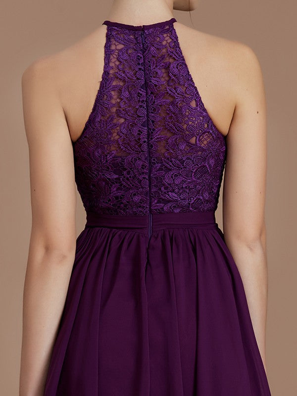A-Line/Princess Halter Sleeveless Lace Short/Mini Chiffon Bridesmaid Dresses Wedding Guest Dress
