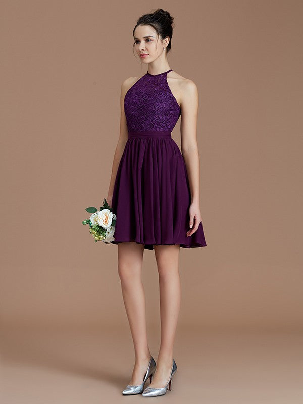A-Line/Princess Halter Sleeveless Lace Short/Mini Chiffon Bridesmaid Dresses Wedding Guest Dress