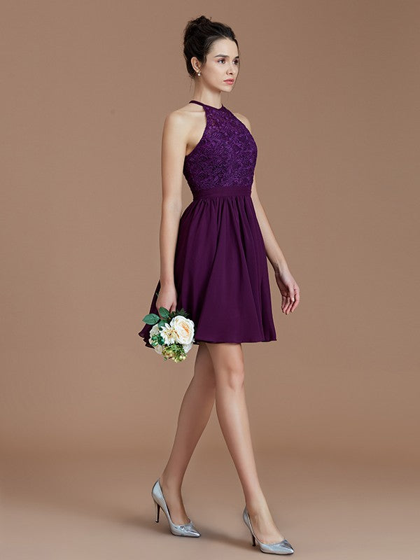 A-Line/Princess Halter Sleeveless Lace Short/Mini Chiffon Bridesmaid Dresses Wedding Guest Dress