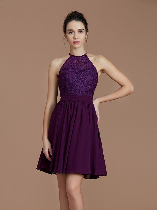 A-Line/Princess Halter Sleeveless Lace Short/Mini Chiffon Bridesmaid Dresses Wedding Guest Dress