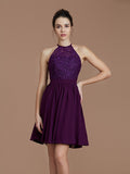 A-Line/Princess Halter Sleeveless Lace Short/Mini Chiffon Bridesmaid Dresses Wedding Guest Dress